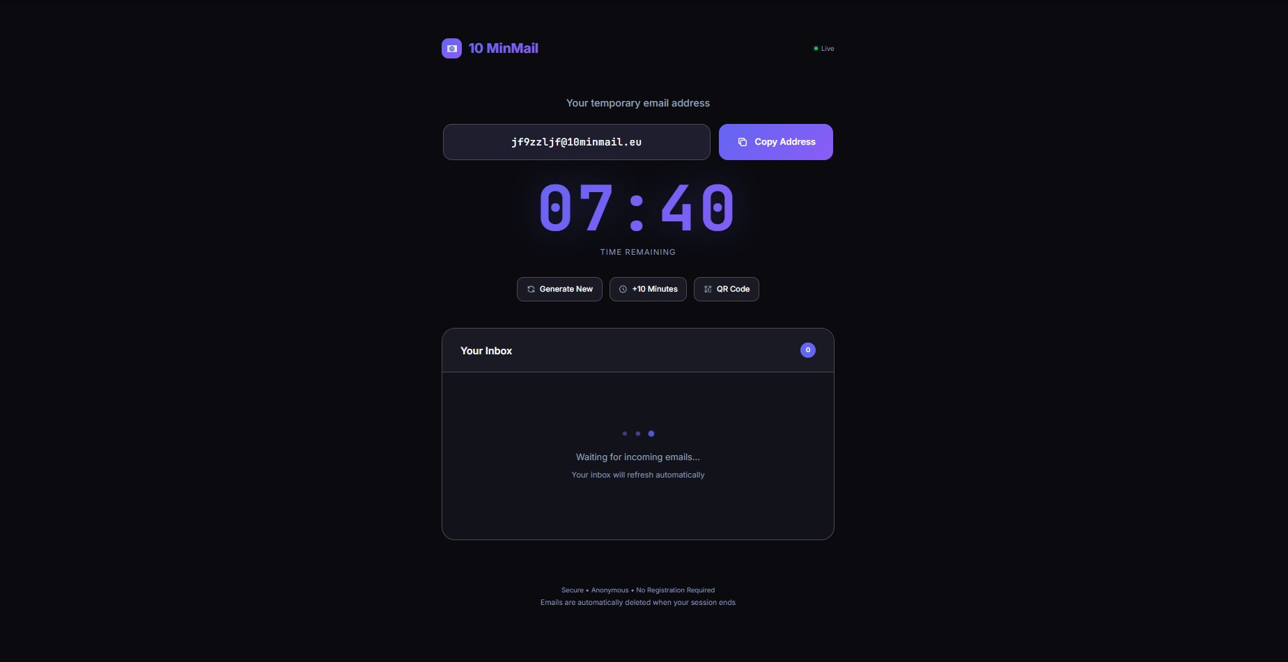 10 Min Mail  anonymous temporary email service